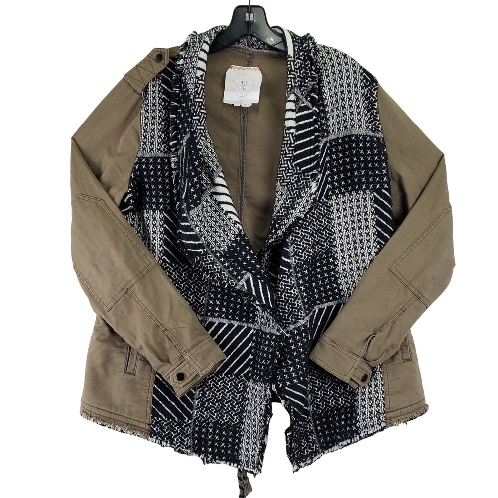 Anthropologie Hei Hei Utility Jacket Womens M Olive Mixed Media Boho Fringe